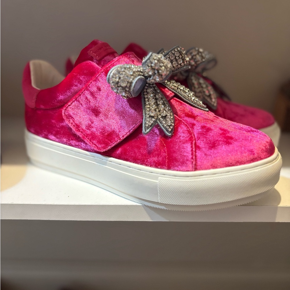 Kurt Geiger Fuchsia Velvet Sneakers with Rhinestone Bow
